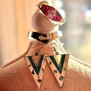 Vtg Alpaca Mexico German silver lot pink inlay MCM Bracelet & Geometric earrings